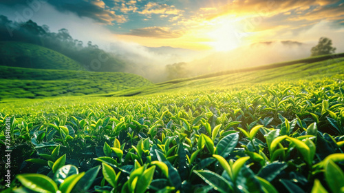Tea Plantation at Sunrise in Munnar, Kerala, India .