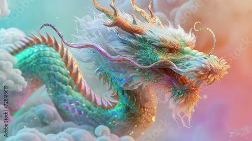 Chinese green dragon with 3D colorful fractal scale that look like glass, shiny white pearl on the body, coral horns, pastel color clouds, close - up shot, visual development