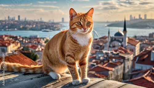 Fotografia a ginger cat walks on the roofs a cat sits on a roof in istanbul against the bac