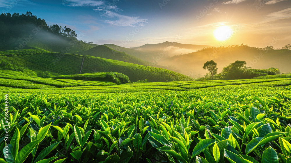 Tea Plantation at Sunrise in Munnar, Kerala, South India Tea Plantation at Sunrise in Munnar, Kerala, South India
