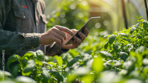 Agronomist inspecting plants with a tablet in a greenhouse