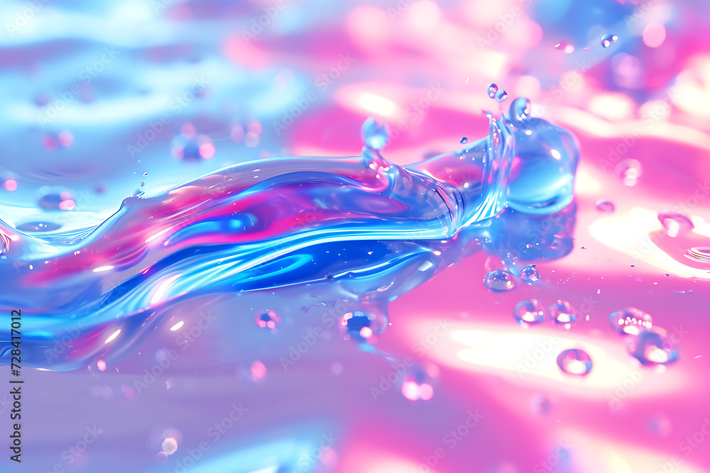 Swirling Colors in Liquid Abstract. A vibrant abstract image showcasing swirling hues of pink and blue, resembling liquid in motion with glistening droplets suspended above the surface. 