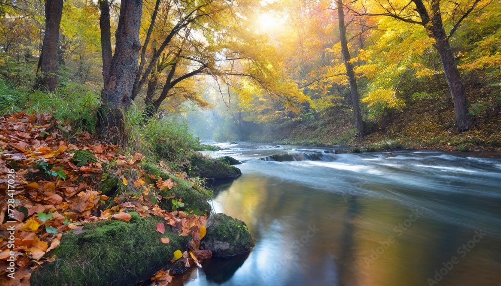 autumn quiet over river in forest autumn quiet over river in forest