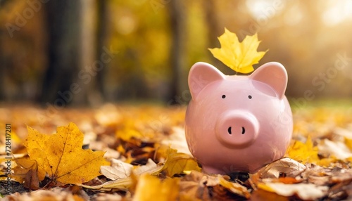 pink piggy bank in autumn leaves on the ground banking concept in autumn time banner