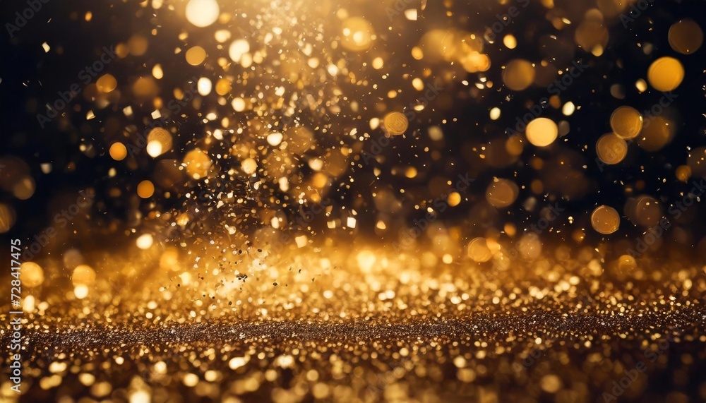 abstract gold defocused glitter holiday background on black falling shiny sparkles new year christmas glowing backdrop