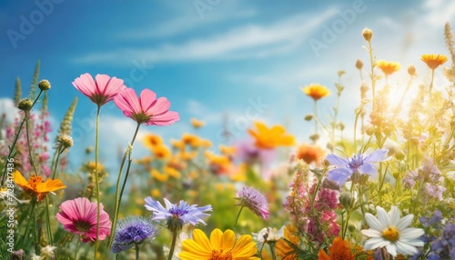 colorful wildflower meadow with blue sky and sunshine floral summer background banner with copy space