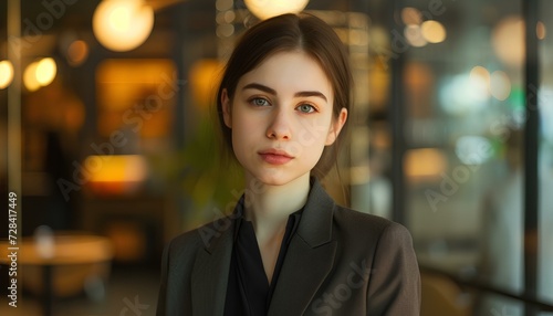 A confident young businesswoman, corporate employee posing with her arms folded in a modern office. leader of a team that oversees the work. generative AI