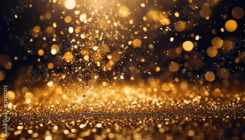 abstract gold defocused glitter holiday background on black falling shiny sparkles new year christmas glowing backdrop