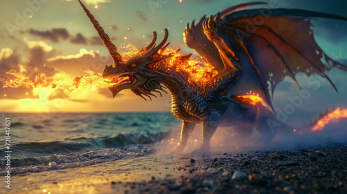 Fire breathing sea dragon that is a unicorn with a horn and wings