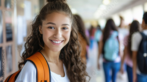 Portrait of happy smiling young female student with backpack looking at camera