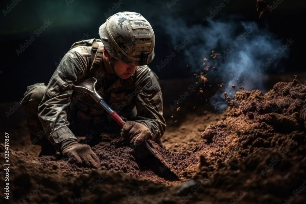 A soldier in the trenches digs with a shovel at night A soldier in the trenches digs with a shovel at night