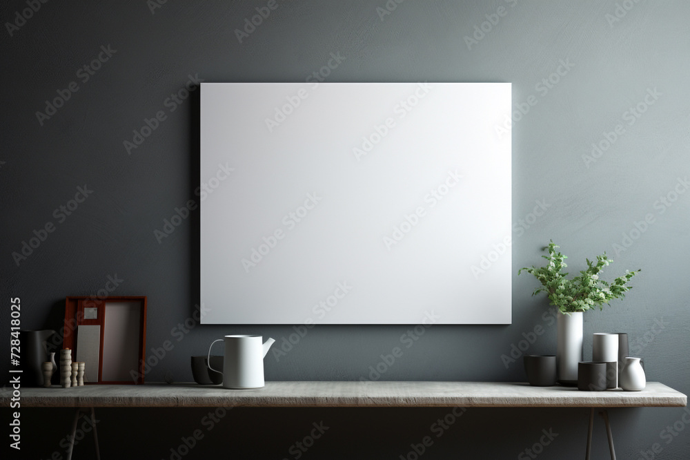blank white poster frame on the grey wall generative by ai