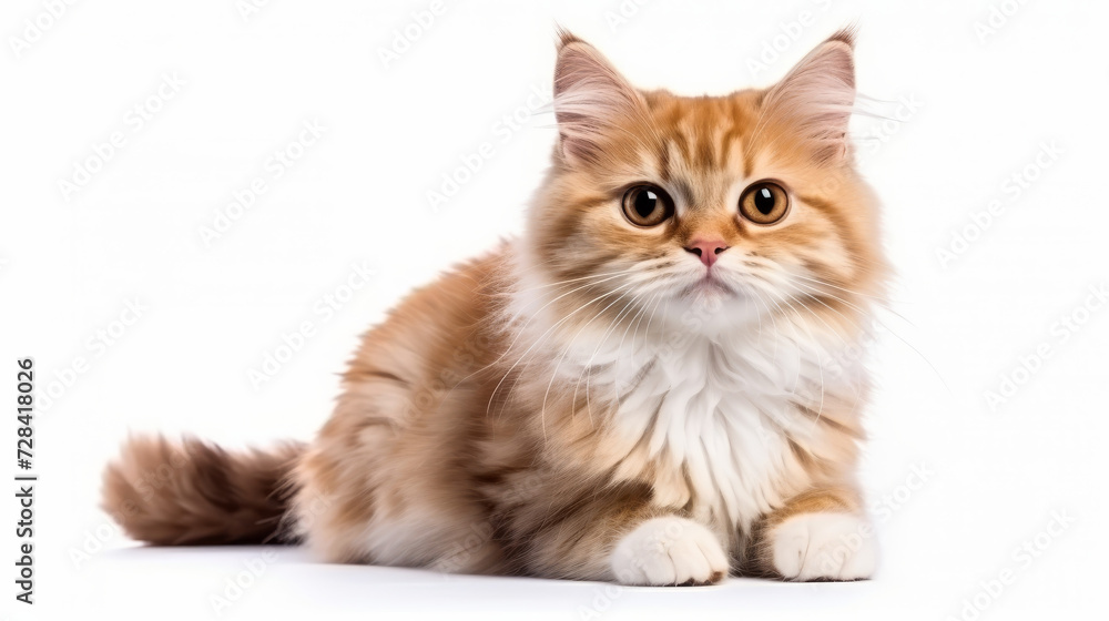 Cute orange cat on a white background. Copy space.
