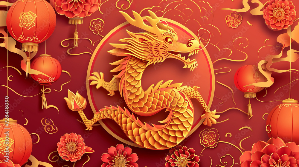 Obraz premium Happy chinese new year 2024 the dragon zodiac sign with flower,lantern,asian elements gold paper cut style on color background