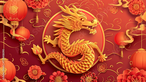 Happy chinese new year 2024 the dragon zodiac sign with flower,lantern,asian elements gold paper cut style on color background