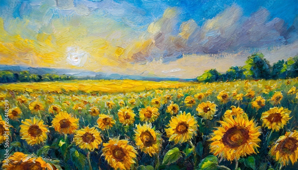 Obraz premium oil painting landscape field of sunflowers