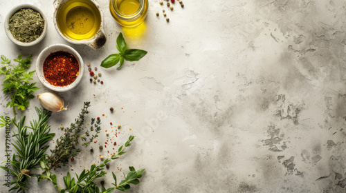 Herbs and condiments on light stone background. Top view with copy space photo