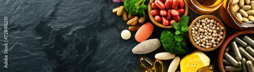 A diverse array of healthy foods and supplements are neatly organized on a dark, textured surface.