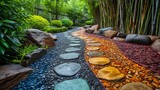 Tranquil garden path lined with polished rainbow-colored river rocks