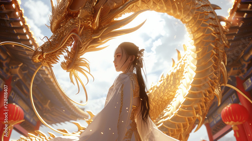 In front of gold dragon stands a Chinese beautiful girl white and Tin foil gold,wearing a gorgeous Hanfu,Chinese dragon,in the sky,grand scene,minimalism photo