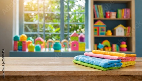 empty table with blurred children toy shelf and window background