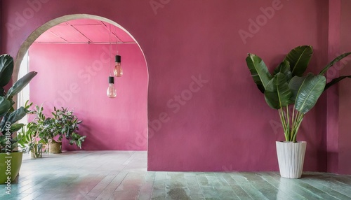 pink empty wall in luxury home with painted concrete walls floor tiles arch and tropical plants interior design room with vibrant and bold colors modern minimal architecture concept