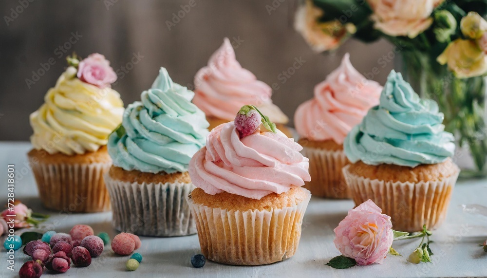 pastel colored cupcakes on a table