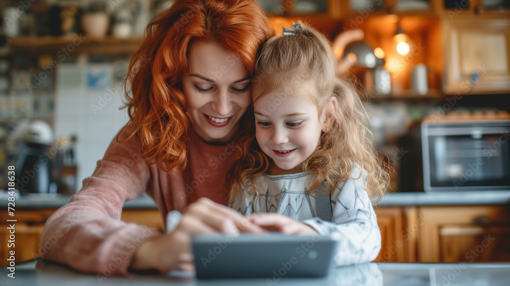 Redheaded mum cooking in the kitchen with her young daughter and using electronic recipes on her tablet Redheaded mum cooking in the kitchen with her young daughter and using electronic recipes on her tablet