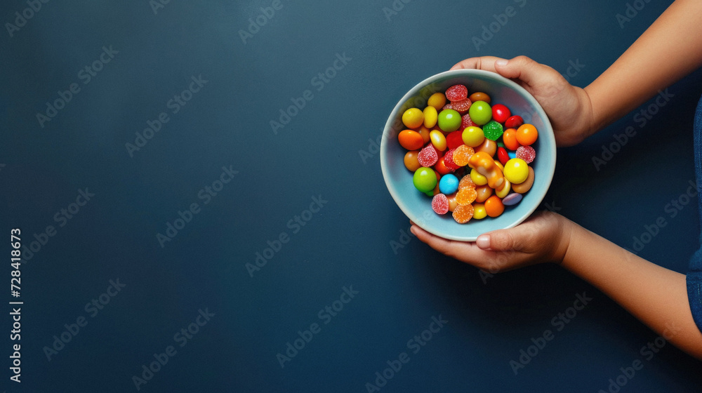 Colorful candies in children's hands on a dark background . Colorful candies in children's hands on a dark background .