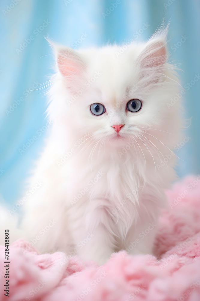 Portrait of a charming white fluffy kitten sitting on a pink plaid on a blue background.