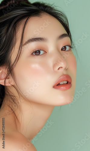 Timeless Korean Beauty: A young woman with flawless skin and a minimalist makeup look embodies natural elegance against a serene green backdrop.