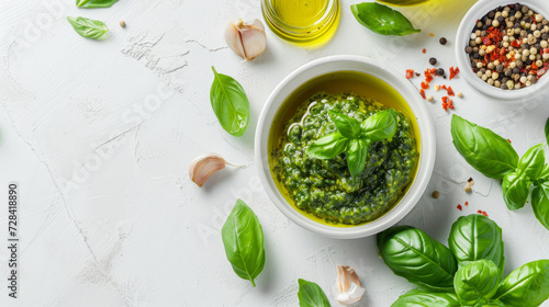 Pesto sause and ingredients on white background, copy space