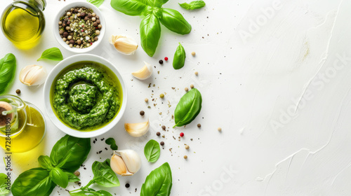 Pesto sause and ingredients on white background, copy space