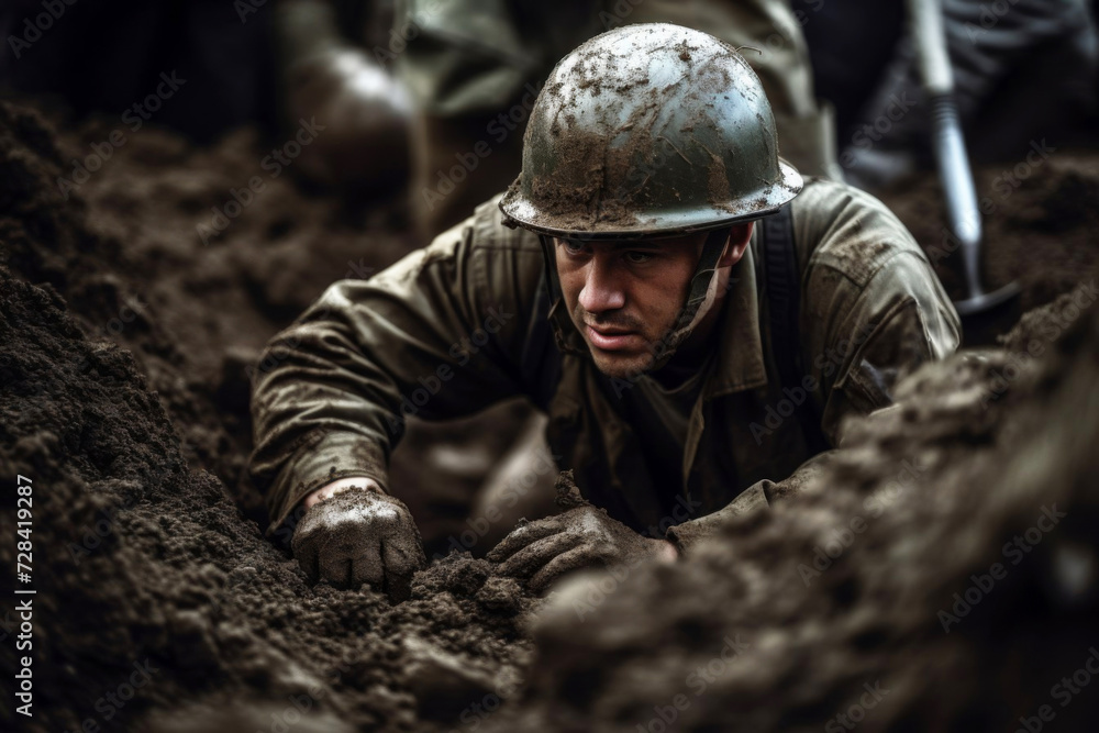 A soldier in the trenches digs with a shovel in a forest