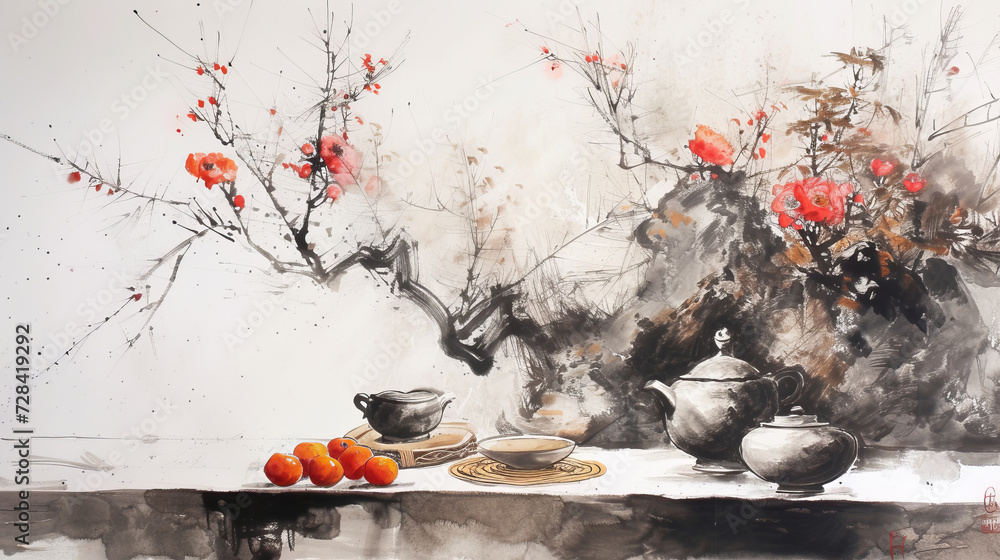 Traditional culture chinese painting still life ink brush paper - obrazy, fototapety, plakaty 