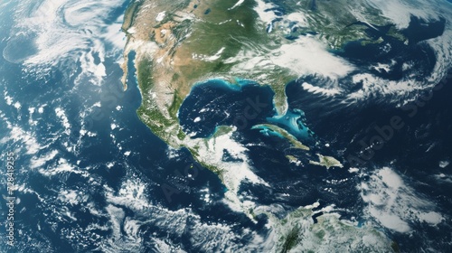 Global warming. A satellite image of Earth, with visual overlays marking El Nino affected areas, accompanied by infographics showing expected weather changes