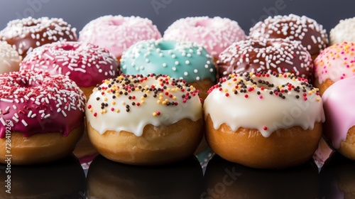 Close-up of variety of glazed delicious festive donuts with colourful sprinkles. Generative AI