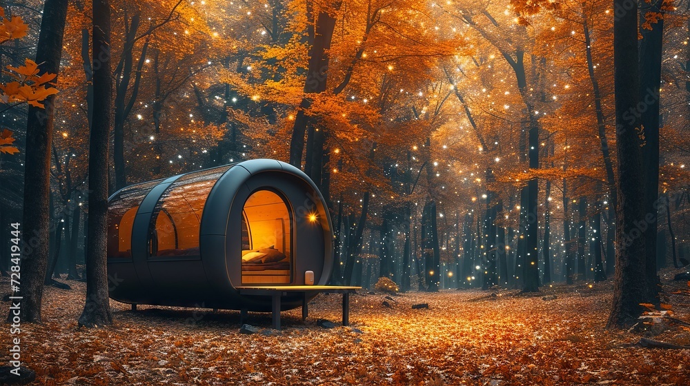 An enchanting bivouac shelter with a transparent roof nestled in an autumnal forest fairy tale - obrazy, fototapety, plakaty 