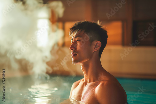 healthy Asian man relaxing in a wooden sauna, man resting after workout in the gym, wellness, health concept