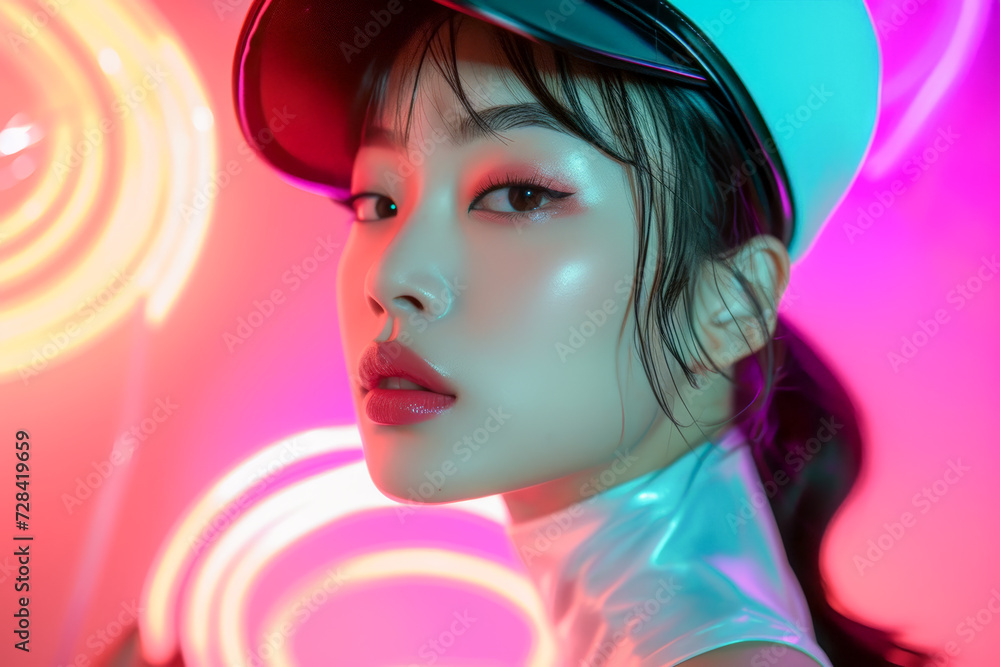 Neon Gaze: A young woman with striking makeup and a futuristic cap poses amidst vibrant neon lights, exuding confidence and urban cool. Neon Gaze: A young woman with striking makeup and a futuristic cap poses amidst vibrant neon lights, exuding confidence and urban cool.