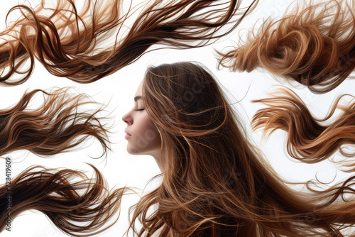 A mesmerizing image of a young woman with her eyes closed, surrounded by a whirlwind of her long, wavy brown hair, creating a feeling of movement and freedom. The light background highlights the hair'