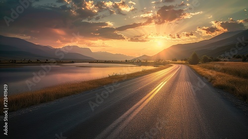 view of road in mountains at sunset