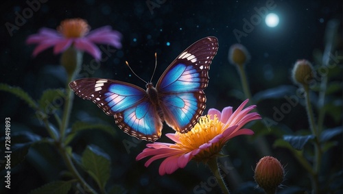 A luminous, colorful butterfly perched on a moonlit flower, its wings glowing softly in the mystical night Generative AI © Haroon