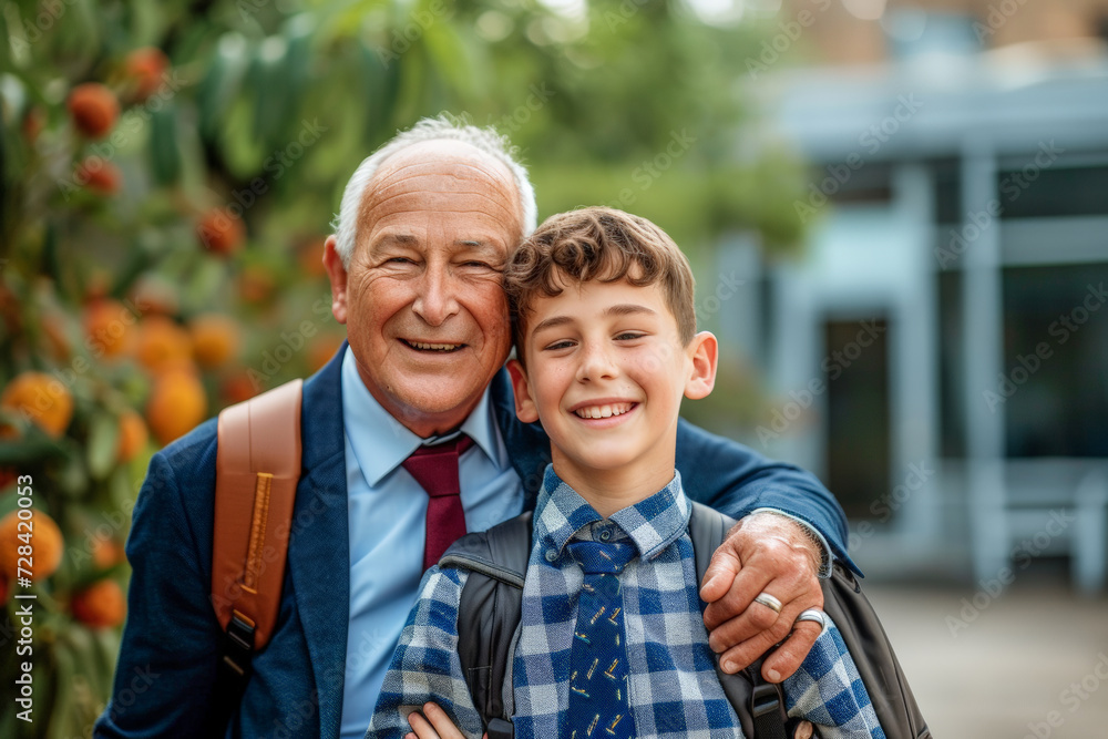 Father's day, a joyful European grandfather and grandchildren, dropping off child at school on the opening day of school, back to school