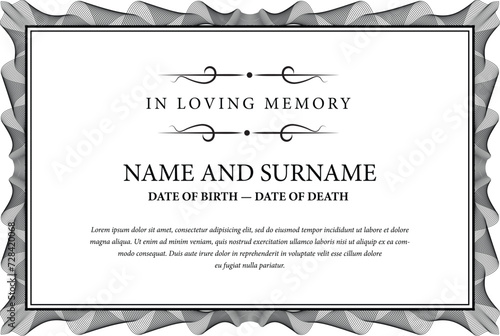 Funeral card. In loving memory of those who are forever in our hearts. Elegant design. Vector illustration. photo