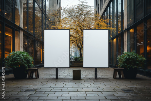 two blank empty white poster mockups on the street by ai