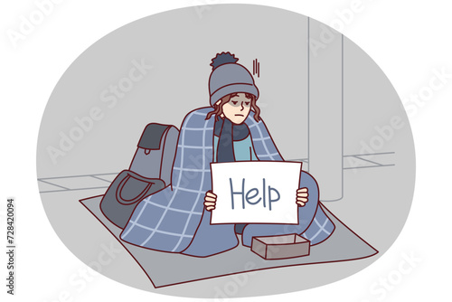 Homeless woman covered with blanket asks for alms sits on ground with inscription help on paper. Unhappy girl outdoor who lost property is in financial trouble and needs support. Flat vector design