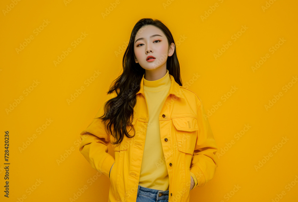 Yellow Statement: A fashion-forward woman exudes confidence in a vibrant yellow jacket, her style and the bold color making a statement against a matching yellow backdrop Yellow Statement: A fashion-forward woman exudes confidence in a vibrant yellow jacket, her style and the bold color making a statement against a matching yellow backdrop