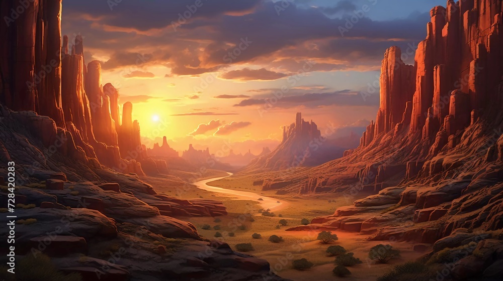 Realistic photo of canyon view in summer. View of the colorful canyon at sunset. generative ai