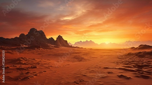 realistic photos of extreme adventures or science expeditions in the rocky desert. Sahara Desert at sunrise. generative ai